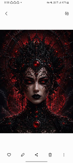 The image features a woman with red hair, dressed in black clothing that includes a headdress adorned with red jewels. The background of the photo is dark red, which complements her outfit. The caption below the image reads "Good morning my dear friends Born from shadow, silence, and imagination.A bridge between my mind and reality Crimson Eclipse #XRPCOMMUNITY 10 $XRP".