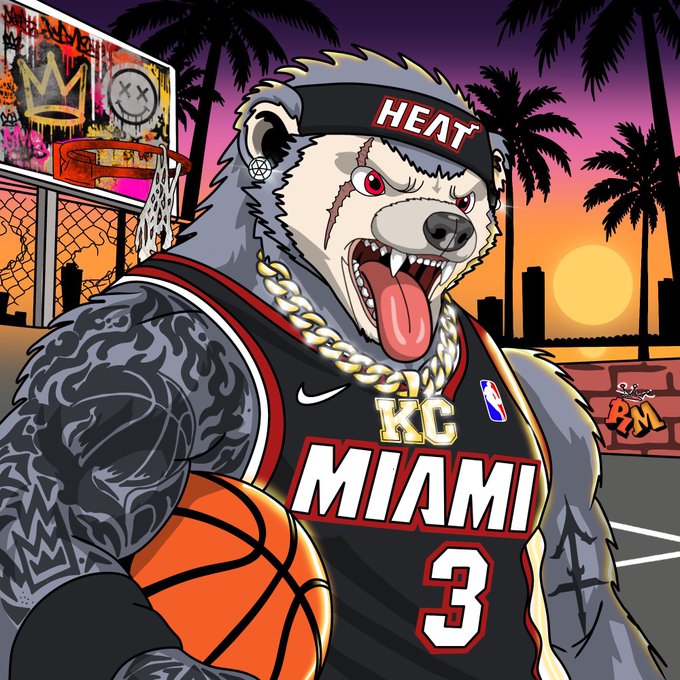 An illustration of an anthropomorphic bear wearing a Miami Heat basketball jersey with 'MIAMI 3' and a 'HEAT' headband, holding an orange basketball at sunset with palm trees in the background.