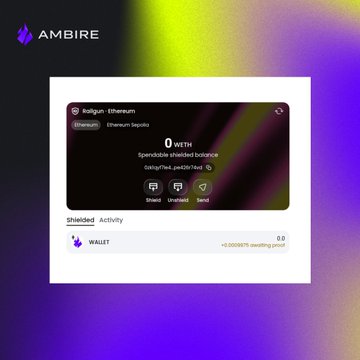 The image shows an Ambire wallet interface displaying an Ethereum account with a balance of 0 WETH on the Sepolia testnet (using wallet address 0x897aF...a420E), relating to the post by demonstrating a private internal transfer within the wallet platform.