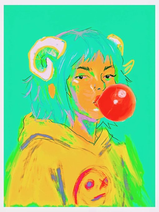 A vibrant digital illustration of a teal-haired figure with curled ram-like horns blowing a bright red bubblegum bubble, set against a bold mint green background with expressive yellow brushstrokes and a small smiley face detail on their shirt. The loose, sketchy style and bold color palette align perfectly with the artist's note about it being digital art they plan to mint.