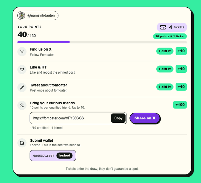 Points dashboard for user '@namsinhdauten' showing 40/130 points and 4 tickets, with completed tasks like 'Find us on X', 'Like & RT', 'Tweet about fomoater' (each +10), and 'Bring your curious friends' (+100).