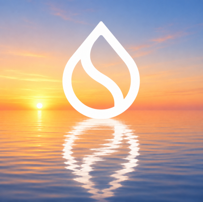 The image features a beautiful sunset with a large white circle or logo in the center of the frame, which appears to be floating above the ocean water. The sun is setting behind the horizon line, creating a stunning backdrop for this central design element. The overall scene conveys a sense of tranquility and harmony between nature and human-made structures.