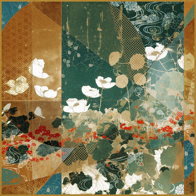 A serene Japanese-style mixed media artwork depicting white flowers, red berries, and lush green foliage set against a deep green background with golden textured accents and wave patterns. The tranquil, nature-inspired composition pairs well with a simple "Gm" morning greeting, evoking a calm and peaceful start to the day.