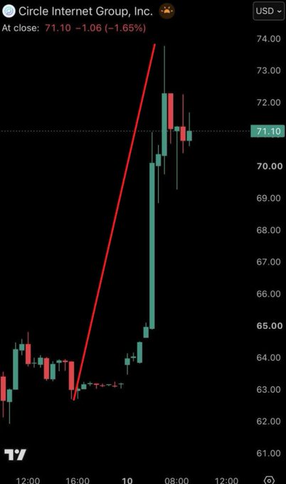 A stock chart for Circle Internet Group, Inc. (ticker symbol hidden) shows the price at close at $71.10, down 1.65%, with a red line indicating a sharp upward trend on a candlestick chart.