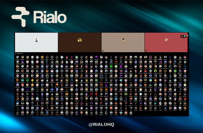 Promotional graphic for 'Rialo' showing the logo, a grid of hundreds of NFT-style avatars, and the handle '@RIALOHQ'.