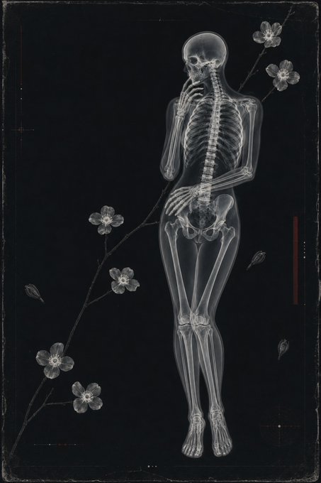 An artistic X-ray style image showing the skeleton of a female figure standing with her hands on her hips, overlaid with delicate branches and flowers against a black background.