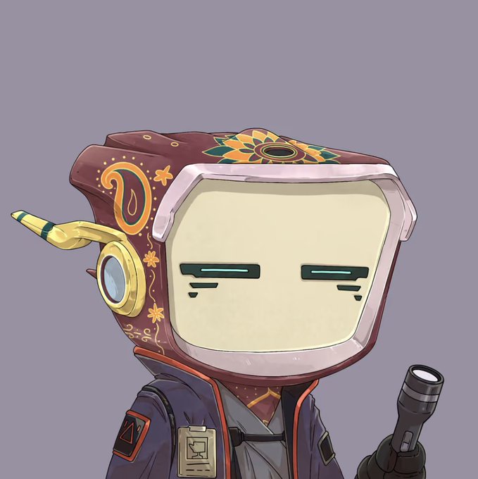 A digital illustration of a robot-like character with a TV monitor for a head displaying sleepy/teary eyes, wearing a decorative maroon and gold helmet with floral patterns and a dark jacket.