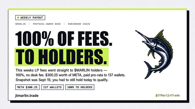 A promotional graphic for $MARLIN on Robinhood Chain announces 'WEEKLY PAYOUT: 100% OF FEES. TO HOLDERS.' detailing that $300.25 worth of META was distributed pro-rata to 137 wallets, with handles @JTMarlinTrade and jtmarlin.trade.