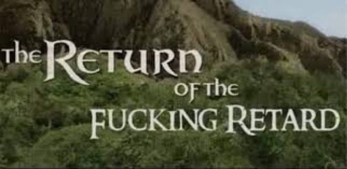 The image shows a parody of "The Lord of the Rings" title card, reading "The Return of the Fucking Retard," set against a mountainous, green landscape—humorously framing a comeback narrative while the post questions how much Bitcoin critics actually own.