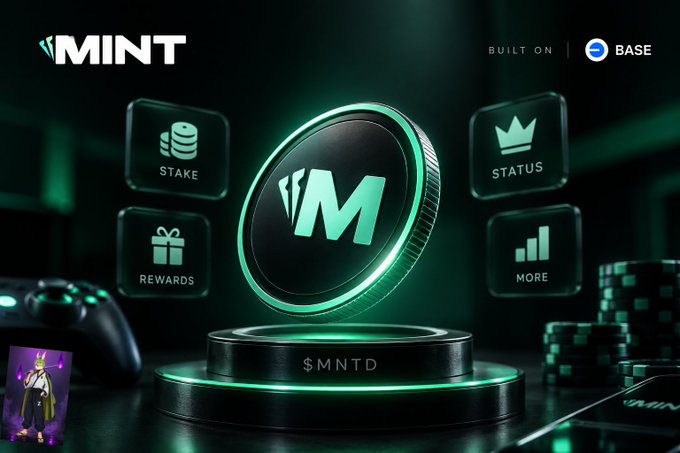 A promotional graphic displays a 'MINT' token ($MNTD) built on the Base blockchain, featuring icons for STAKE, REWARDS, STATUS, and MORE around a glowing green coin.
