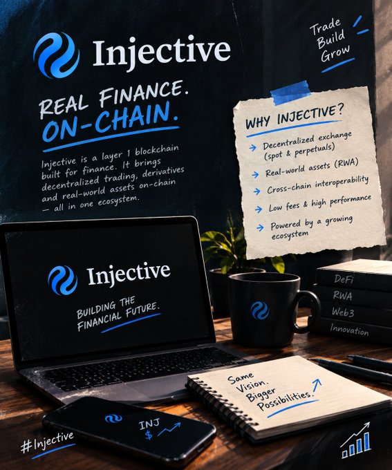An infographic for 'Injective' with the tagline 'REAL FINANCE. ON-CHAIN.' displayed on a laptop, alongside a sticky note listing benefits including decentralized exchange, RWA, and cross-chain interoperability, with hashtags #Injective.