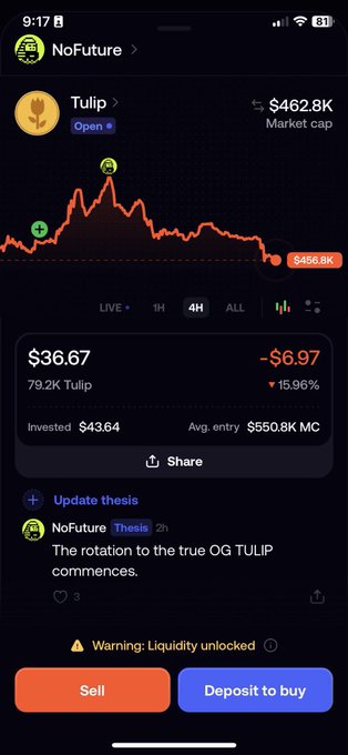 A mobile app screenshot showing the cryptocurrency 'Tulip' ($462.8K market cap) with a price chart, current price $36.67, and a post by 'NoFuture' stating 'The rotation to the true OG TULIP commences.'