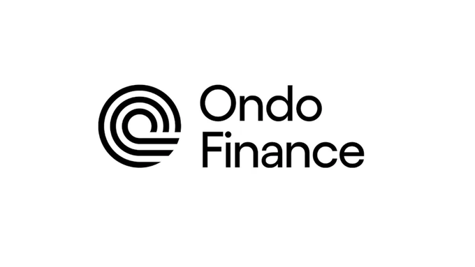 A simple black and white logo featuring a spiral design with the text 'Ondo Finance'.