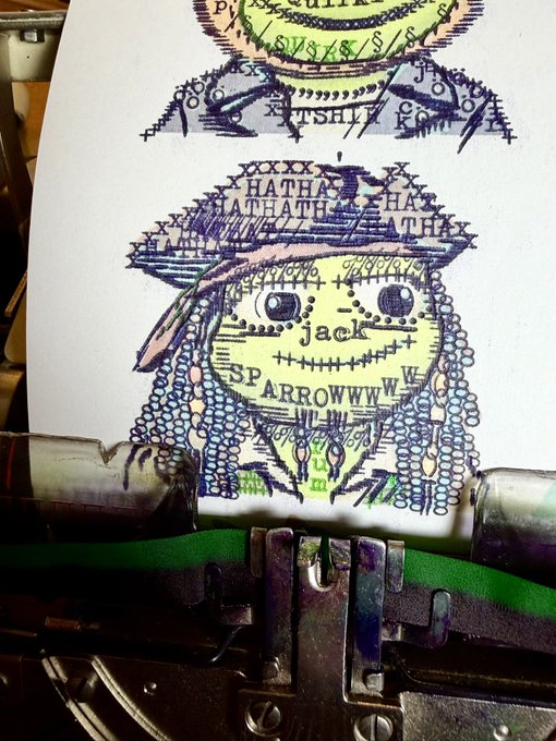 A typewriter artwork creating a portrait of the character Jack Sparrow from Pirates of the Caribbean, constructed using typewritten text including 'HATHA', 'jack', and 'SP ARROWW'.