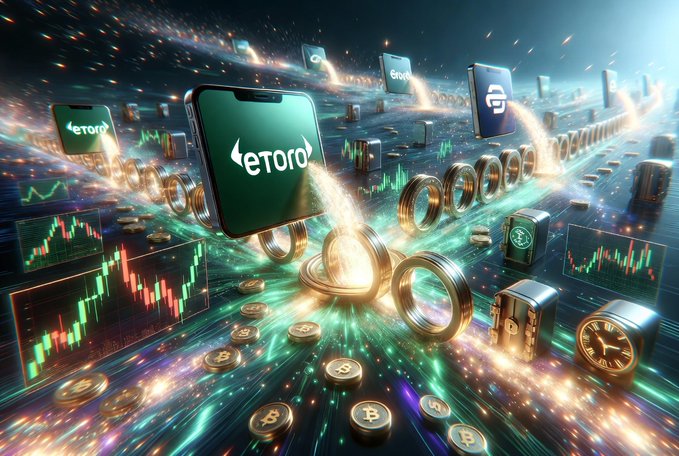 A vibrant digital artwork depicting cryptocurrency trading, featuring eToro logos on smartphones, Bitcoin symbols, stacked coins, candlestick charts, and padlocks in a futuristic neon setting.