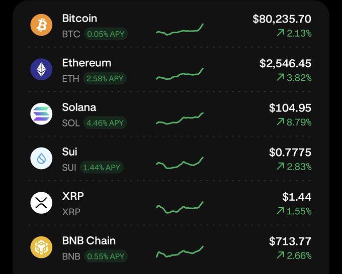 Cryptocurrency dashboard showing prices for Bitcoin (BTC) at $80,235.70, Ethereum (ETH) at $2,546.45, Solana (SOL) at $104.95, Sui (SUI) at $0.7775, XRP at $1.44, and BNB Chain at $713.77, all with positive price changes and various APY rates.