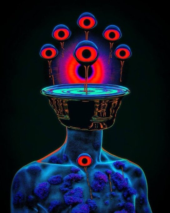 A psychedelic digital artwork shows a blue-tinted humanoid torso with a golden bowl for a head, from which emerge floating red eyes on stalks.