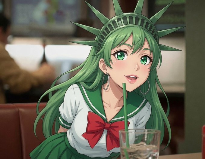 An anime-style green-haired girl wearing a crown resembling the Statue of Liberty's spikes sips a drink through a straw, looking upward with a subtle smile. The image plays on the "Liberty" theme to visually echo the post's message about holding and accumulating strong assets like $PLS and $PCOCK with a long-term, patient strategy.