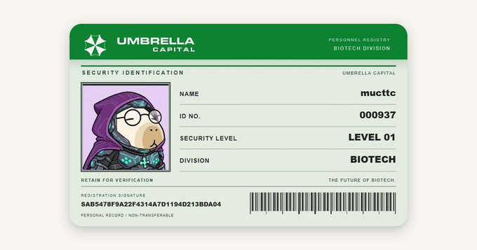 A digital ID card graphic for 'Umbrella Capital' displaying the name 'mucttc', ID number '000937', and a cartoon avatar of a dog-like character wearing a purple hood.