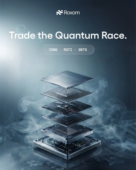 Promotional graphic for 'Roxom' with the tagline 'Trade the Quantum Race' and ticker references IONQ, RGTI, and QBTS, featuring an exploded view of stacked computer hardware/chips.