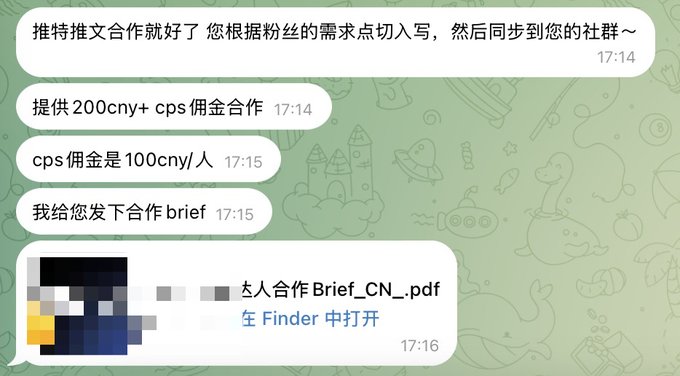 A chat screenshot in Chinese proposing a tweet collaboration with 200cny+ CPS commission at 100cny per person, followed by a shared '___合作Brief_CN_.pdf' file.