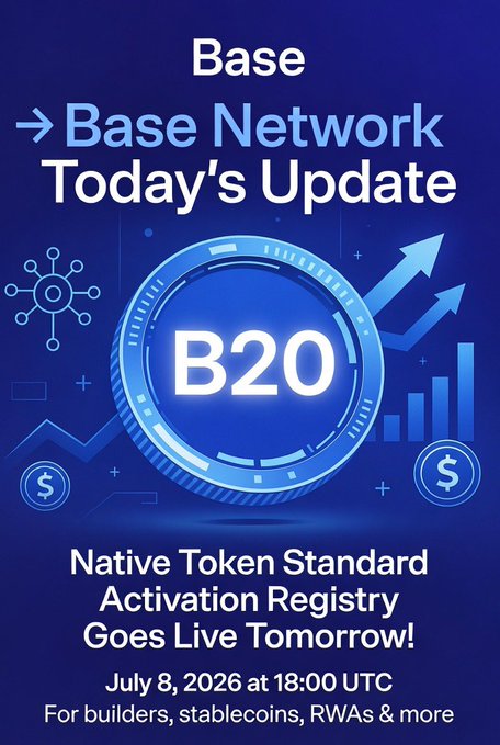 This image is a promotional graphic for the Base Network, highlighting the upcoming launch of the B20 Native Token Standard Activation Registry. It emphasizes the event will occur on July 8, 2026, at 18:00 UTC, indicating an important milestone for builders, stablecoins, and RWAs (Real-World Assets) within the Base ecosystem.