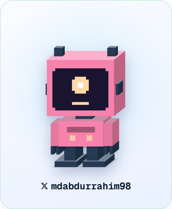 A 3D voxel-style pink robot character with a black screen face and a yellow square eye, credited to 'mdabdurrahim98' on X.