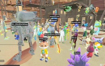 A screenshot from a virtual game shows a crowded desert town setting with various cartoonish avatars and floating usernames like 'dedicated', 'darksouls', 'Mr_Gim4lQlxcky', and 'SangalGaris CAT3'.
