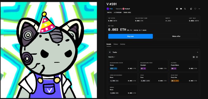An NFT listing on OpenSea shows a cartoon character wearing a party hat for 'V #281', priced at 0.003 ETH.