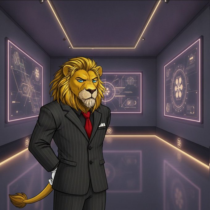 The image features an illustration of a lion wearing a suit and tie, standing confidently with his hands on his hips. The room has purple walls and neon lights that create a futuristic atmosphere. In the background, there are several paintings hanging on the wall, adding depth to the scene. The caption for this image is "Calling all artists on the XRPL! The XRP Ledger is becoming a vibrant hub for digital creators with lightning-fast transactions, ultra-low fees and a passionate community".