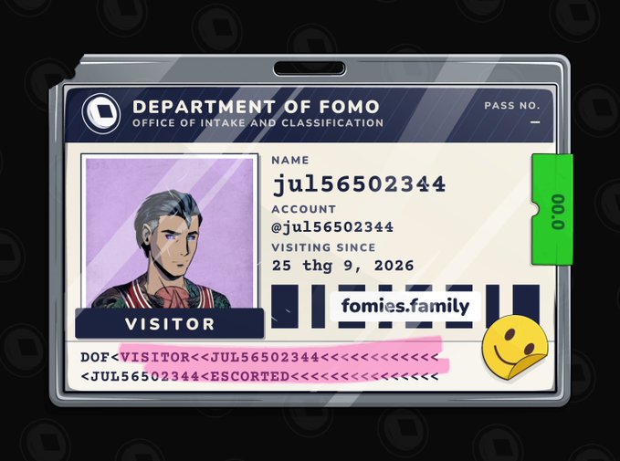 A digital "Department of FOMO" visitor pass displays a stylized character portrait alongside the username "ju156502344," account "@ju156502344," and a visiting date of "25 thg 9, 2026," illustrating the free minting process described in the post where users claim a "Fomie" creature by connecting X.