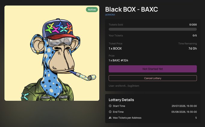 A lottery page titled 'Black BOX - BAXC' displays a Bored Ape style NFT character smoking a cigar, with details showing 0/200 tickets sold and 7d 0h remaining.