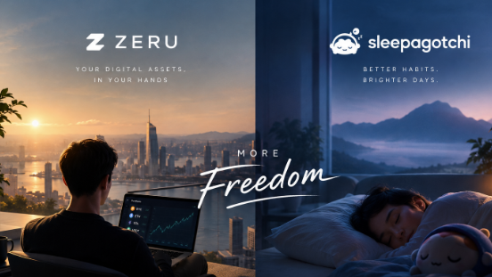 A split-screen ad showing 'ZZERU - YOUR DIGITAL ASSETS. IN YOUR HANDS.' on the left with a city skyline, and 'sleepagotchi - BETTER HABITS. BRIGHTER DAYS.' on the right with a sleeping person, with 'MORE Freedom' text in the center.