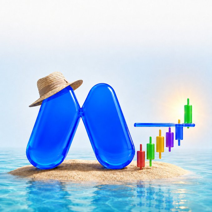 A 3D render showing two blue capsule-shaped bottles forming an 'M' on a small sandy island, with a candlestick chart and a straw hat.