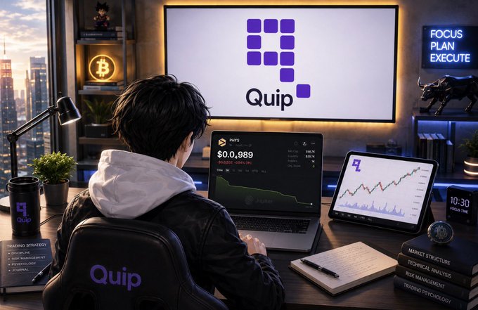 An anime-style illustration of a person at a desk with two monitors, one displaying 'Quip' logo and cryptocurrency charts, with trading books and a 'FOCUS PLAN EXECUTE' sign visible.