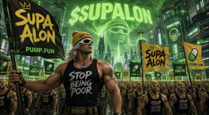 A vibrant meme-style illustration featuring '$SUPALON' branding, a muscular figure with a 'Stop Being Poor' shirt holding a 'SUPA ALON PUMP.FUN' flag in a neon cityscape.