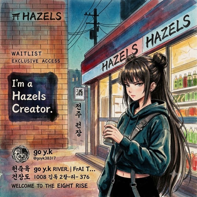 An anime-style illustration of a girl with dark twin buns holding a coffee cup outside a shop named 'HAZELS', with text including 'WAITLIST EXCLUSIVE ACCESS', 'I'm a Hazels Creator', and Korean text '전죽천장' along with the handle 'go y.k @goyk38317'.