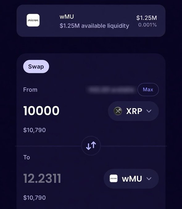 A cryptocurrency swap interface showing an exchange of 10000 XRP (~$10,790) for 12.2311 wMU tokens, with wMU displaying $1.25M available liquidity and 0.001% on the Micron network.