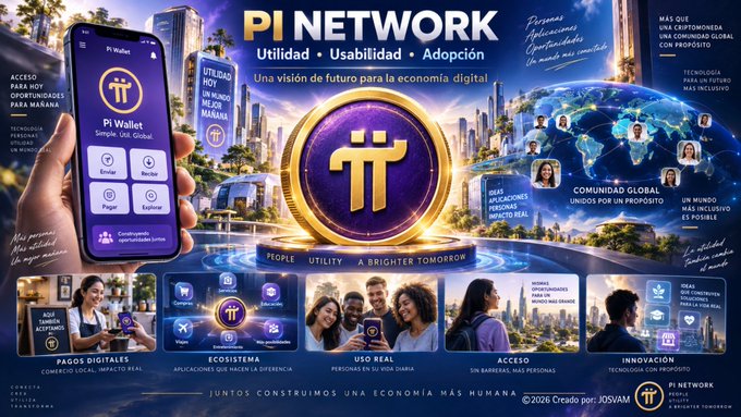 A promotional infographic for 'PI NETWORK' highlighting features like 'Pi Wallet', 'Pi Browser', 'Pagar', and 'Explorar', with the text 'Una visión de futuro para la economía digital' and 'JUNTOS CONSTRUIMOS UNA ECONOMÍA MÁS HUMANA'.