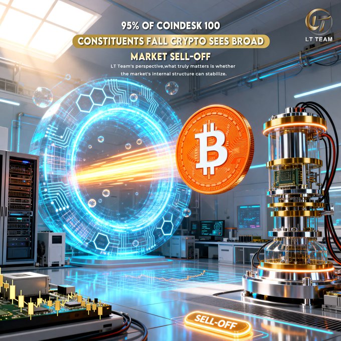 A high-tech crypto-themed graphic depicts a futuristic lab setting where a glowing orange Bitcoin coin is being pulled into a swirling blue vortex of digital energy, symbolizing the broad market sell-off, with the headline "95% OF COINDESK 100 CONSTITUENTS FALL CRYPTO SEES BROAD MARKET SELL-OFF" and a subtext reading "LT Team's perspective, what truly matters is whether the market's internal structure can stabilize," alongside the "LT TEAM" logo, a "SELL-OFF" label, and advanced mining and data equipment surrounding the scene that visually reinforces the post's message about ~95 CoinDesk 100 constituents declining and Bitcoin dropping roughly 2% amid expanding crypto risk-off pressure.