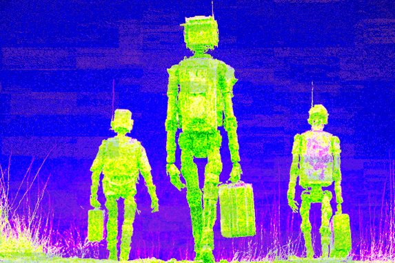 The image features three green robots walking together, each carrying a suitcase. The robots are positioned at different angles, creating an interesting visual effect as they move across the frame. The background of the image is blue with white bricks, adding depth and texture to the scene. The caption above the image reads "three auctions good to go human_resource36 human_resource14 human_resource35 0.047 buy now on @TransientLabs transient.xyz/@awhurst?sale= ...". This suggests that there might be an auction or event related to these robots, and people are interested in purchasing them as collectibles or for other purposes.