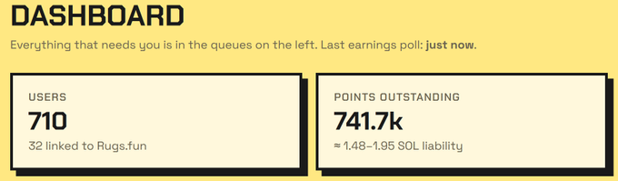 A dashboard interface with a yellow header reading 'DASHBOARD' showing two white metric cards: 'USERS 710' (32 linked to Rugs.fun) and 'POINTS OUTSTANDING 741.7k' (≈ 1.48-1.95 SOL liability).