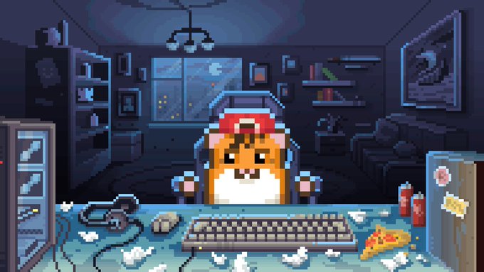 A pixel art hamster wearing a red gaming headset sits at a messy desk with a keyboard, pizza, soda, and gaming PC, set in a dark gaming room. The image ties to the post's theme of RollerCoin, a crypto-mining platform that gamifies learning about cryptocurrency through fun, hamster-themed gameplay.