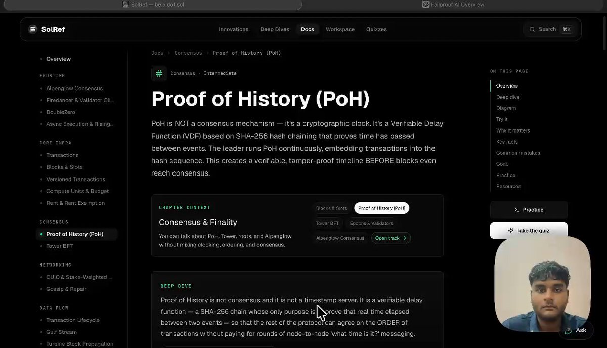 The image displays a screen showing an article from a popular platform called Medium. It is titled "proof of history" (POH) with details about a cryptographic clock built using hashes, transactions being stamped into a clear timeline, validators spending less time in agreement and a consensus still happening but it happens faster via a dot sol resource link. The post also references the blockchain-based platform BitSolana.