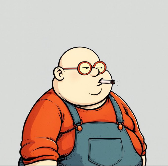 Cartoon illustration of a bald, heavyset man with round red glasses, smoking a cigarette, wearing a red shirt and blue overalls.