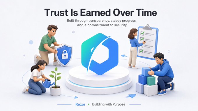 A 3D illustration for 'Rezor' conveys the message 'Trust Is Earned Over Time' with cartoon characters tending a plant, holding a shield and lock, checking a clipboard, and building with blocks around a central blue Rezor logo.