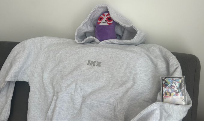A small purple plush toy wearing a red mask (resembling Pokémon cards) is tucked into a gray hoodie, with a 'Lost Origin' Pokémon trading card placed in the hoodie's pocket.