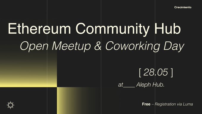 The image features a poster for an event at the Etherium Community Hub. The poster displays the date of the event, which appears to be May 28th, as well as the time, which is from 8:00 AM to 5:00 PM. It also includes details about the open meetup and coworking day that will take place on this day. Additionally, there are mentions of a free registration for an AI workshop with @LeCoVi and a hands-on AI workshop with @Candufaz. The poster is predominantly black and white in color, with yellow text providing additional information about the event.