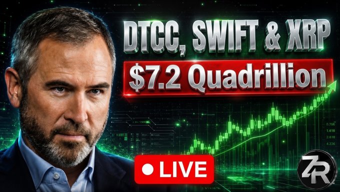 The image promotes a live stream featuring a bearded man alongside bold text reading "DTCC, SWIFT & XRP" and "$7.2 Quadrillion," set against a green rising stock chart graphic, with a red "LIVE" button and an "ZR" logo. The visual reinforces the post's announcement of a 10 PM EST broadcast analyzing SWIFT and DTCC plans in comparison to XRP and Ripple, with the dramatic $7.2 trillion figure emphasizing the massive financial scale being discussed.