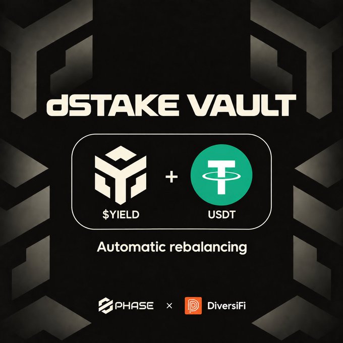A promotional graphic for "dSTAKE VAULT" featuring $YIELD + USDT with "Automatic rebalancing" by PHASE × DiversiFi.